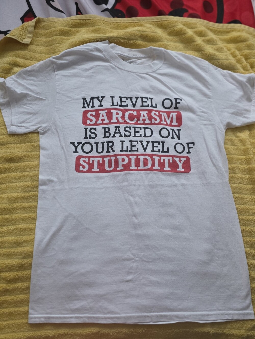 Spencer's White Short-Sleeve Tee with Red & Black Sarcasm Print